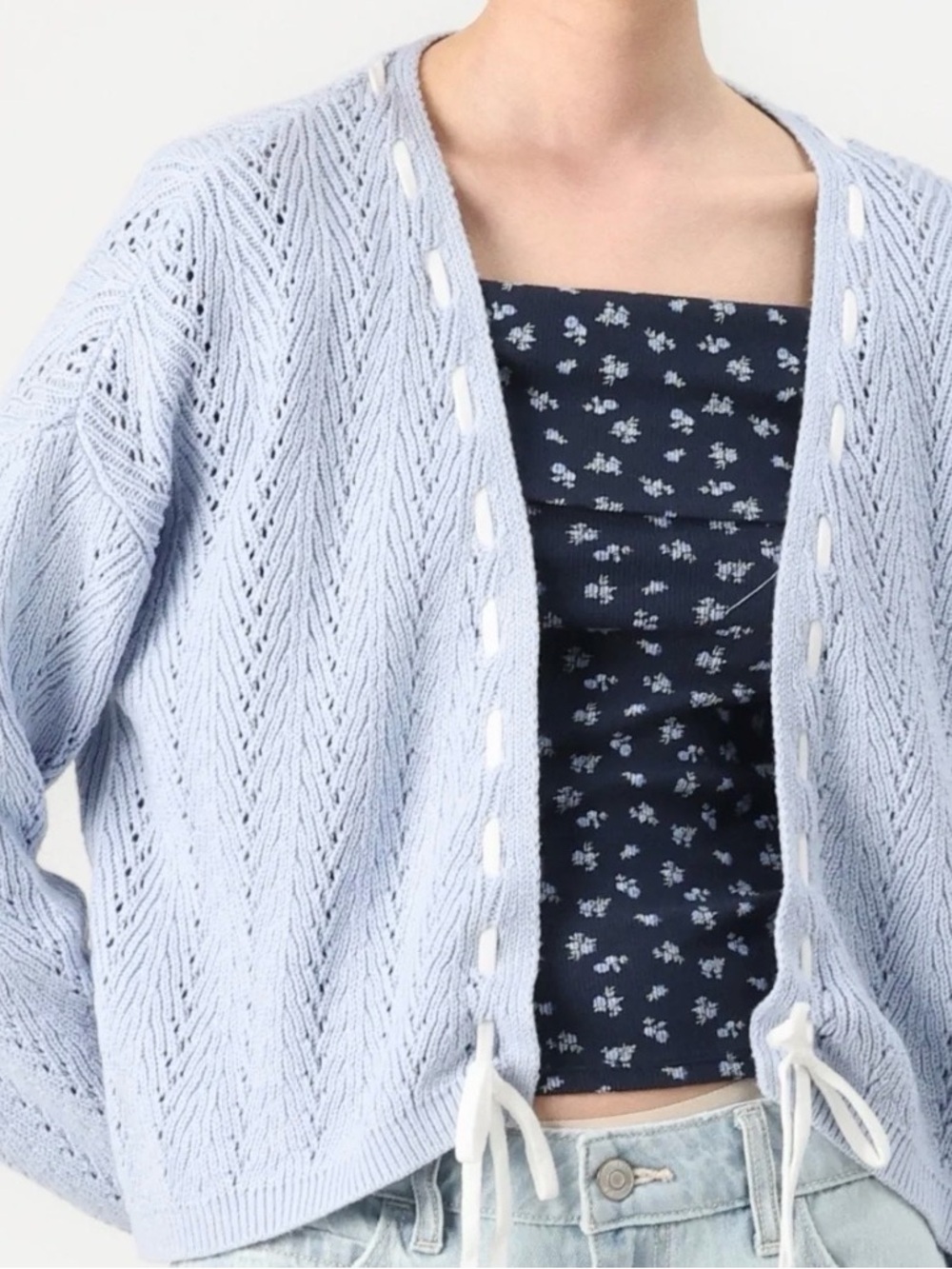 Hollister Light Blue Open Knit Tie-Front Cardigan